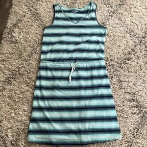 Gander Mountain Guide Series Teal Striped Sleeveless V-Neck Drawstring Dress M